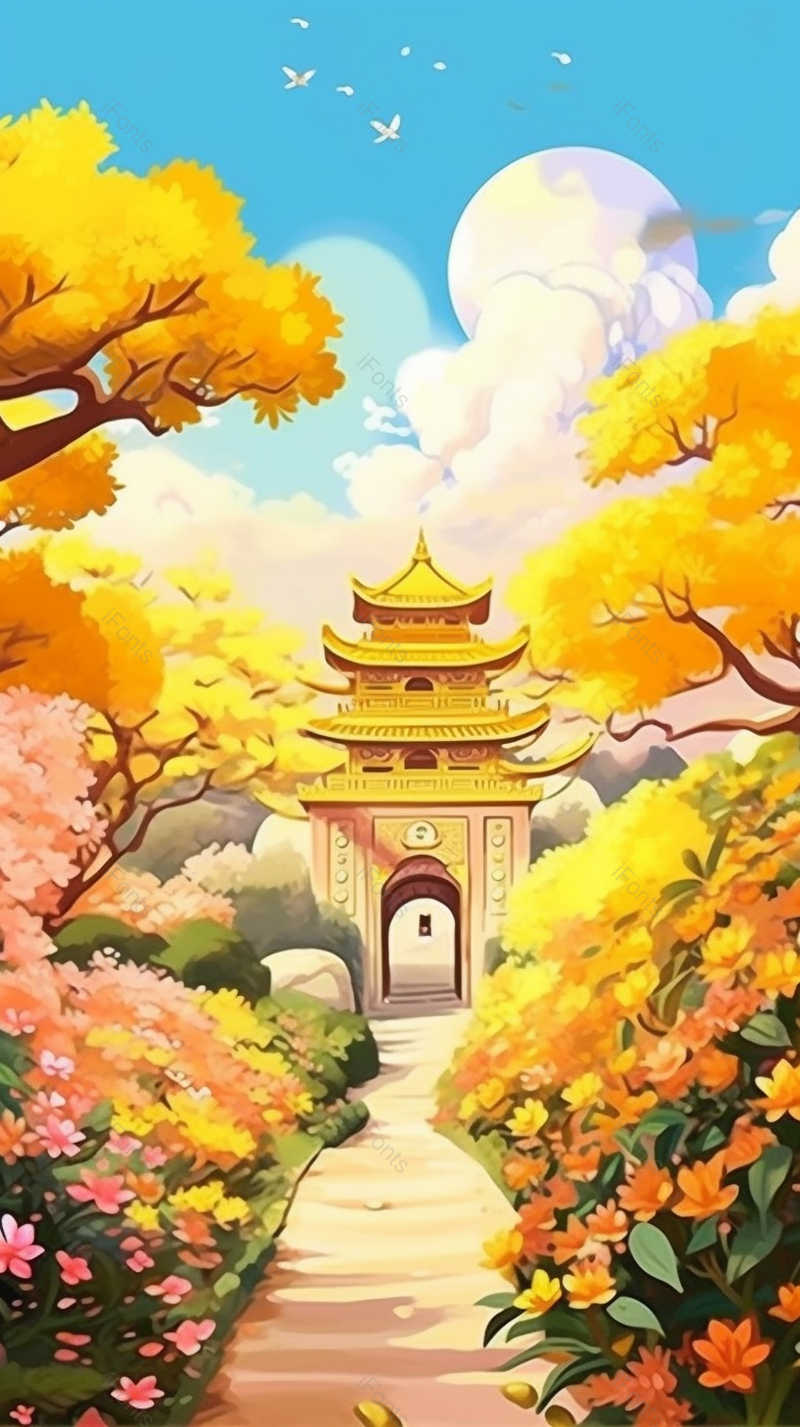 金色鲜花盛开的风景水彩画,插画/手绘图,插画/手绘图库,插画/手绘图下载,插画/手绘